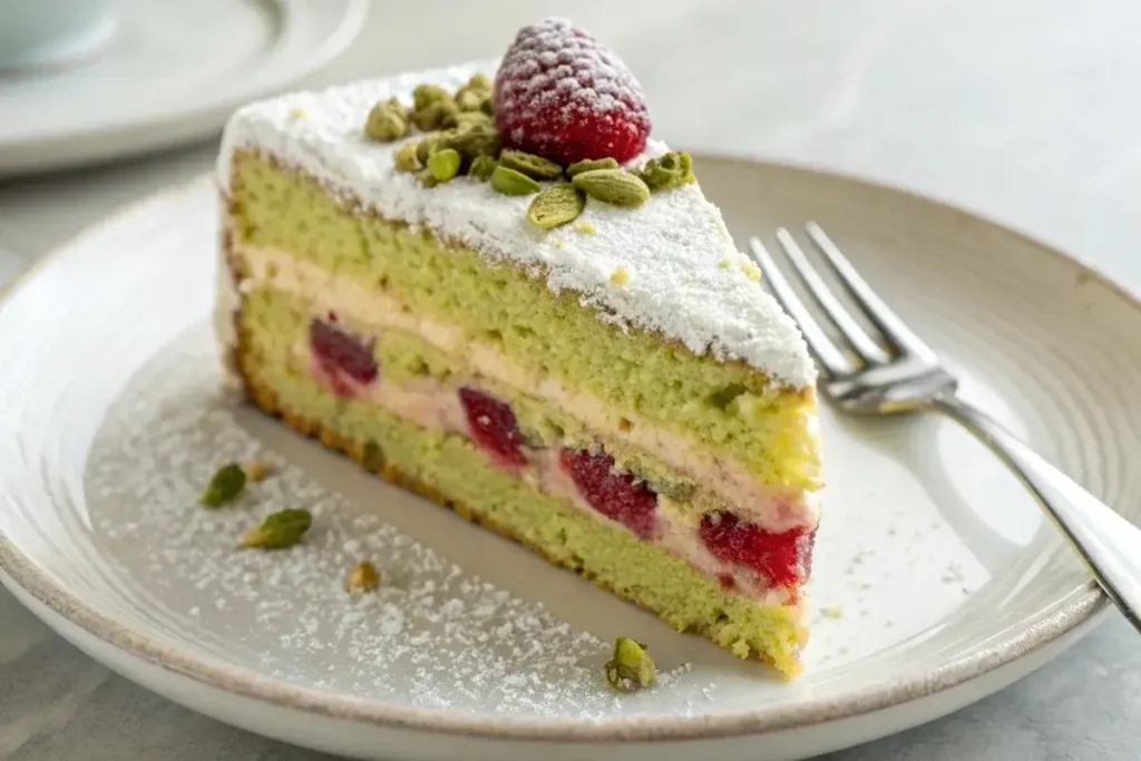 Tranche de Gâteau Rêve Pistache Framboise réchauffée au four, avec une croûte légèrement croustillante et une texture aérienne.